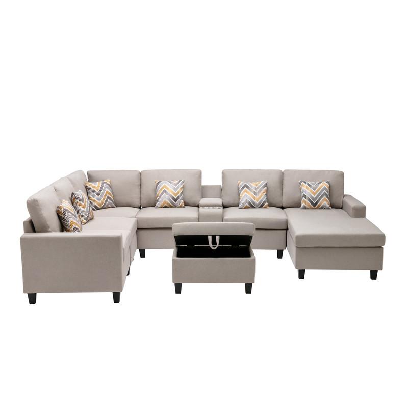 Nolan Beige Linen Fabric 8Pc Reversible Chaise Sectional Sofa with Interchangeable Legs, Pillows and Storage Ottoman, and a USB, Charging Ports, Cupholders, Storage Console Table. Picture 5