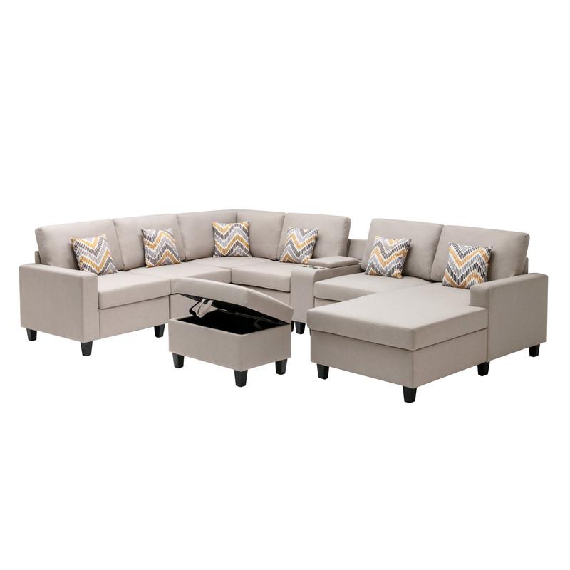 Nolan Beige Linen Fabric 8Pc Reversible Chaise Sectional Sofa with Interchangeable Legs, Pillows and Storage Ottoman, and a USB, Charging Ports, Cupholders, Storage Console Table. Picture 6