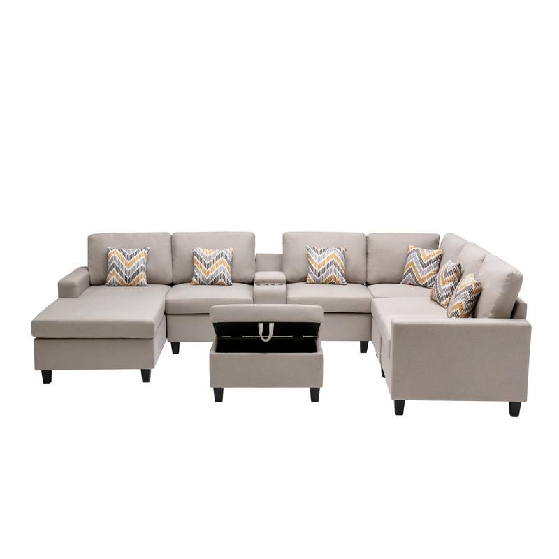 Nolan Beige Linen Fabric 8Pc Reversible Chaise Sectional Sofa with Interchangeable Legs, Pillows, Storage Ottoman, and a USB, Charging Ports, Cupholders, Storage Console Table. Picture 6