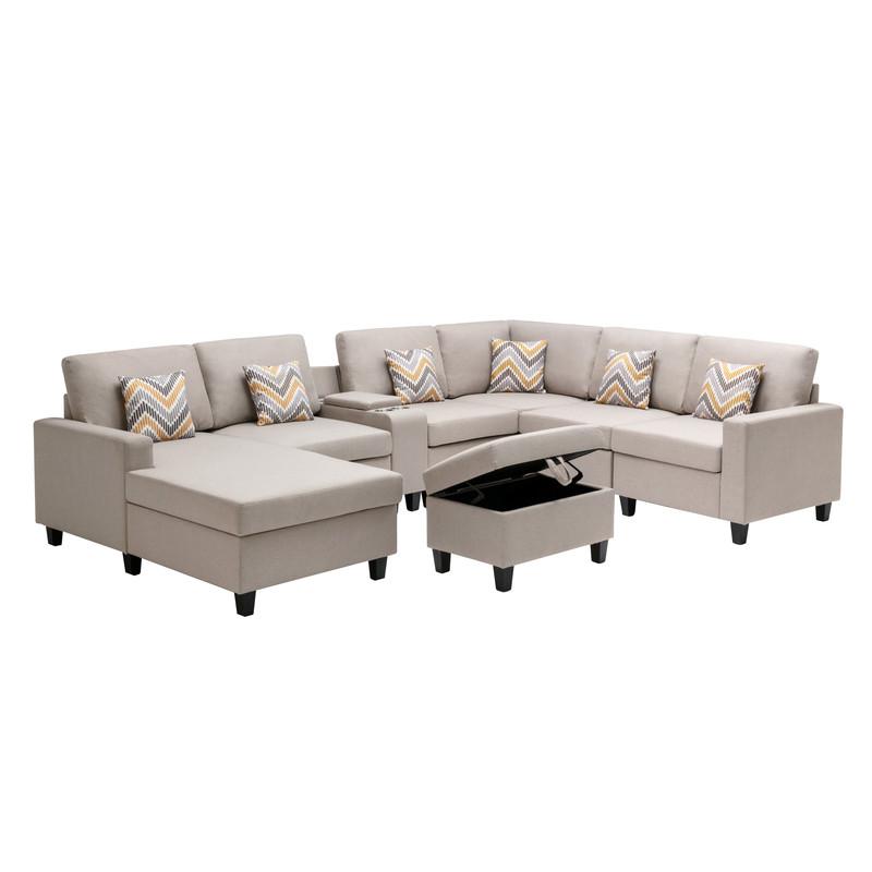 Nolan Beige Linen Fabric 8Pc Reversible Chaise Sectional Sofa with Interchangeable Legs, Pillows, Storage Ottoman, and a USB, Charging Ports, Cupholders, Storage Console Table. Picture 5