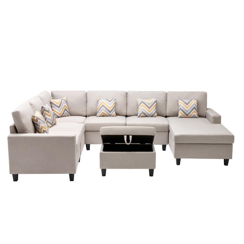 Nolan Beige Linen Fabric 7 Pc Reversible Chaise Sectional Sofa with Interchangeable Legs, Pillows and Storage Ottoman. Picture 6