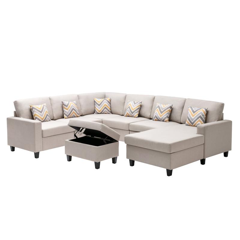 Nolan Beige Linen Fabric 7 Pc Reversible Chaise Sectional Sofa with Interchangeable Legs, Pillows and Storage Ottoman. Picture 5