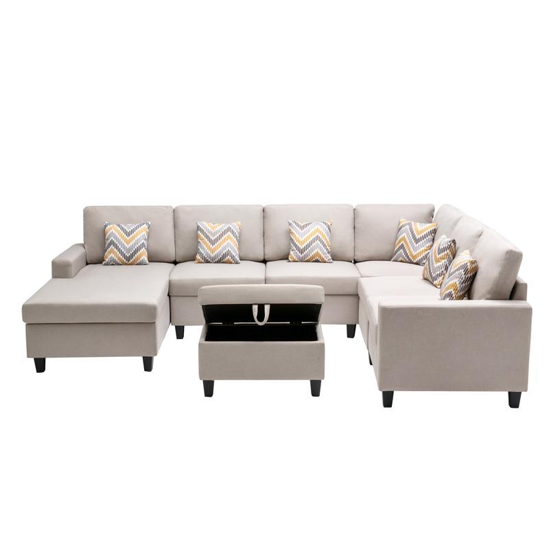 Nolan Beige Linen Fabric 7Pc Reversible Chaise Sectional Sofa with Interchangeable Legs, Pillows and Storage Ottoman. Picture 6