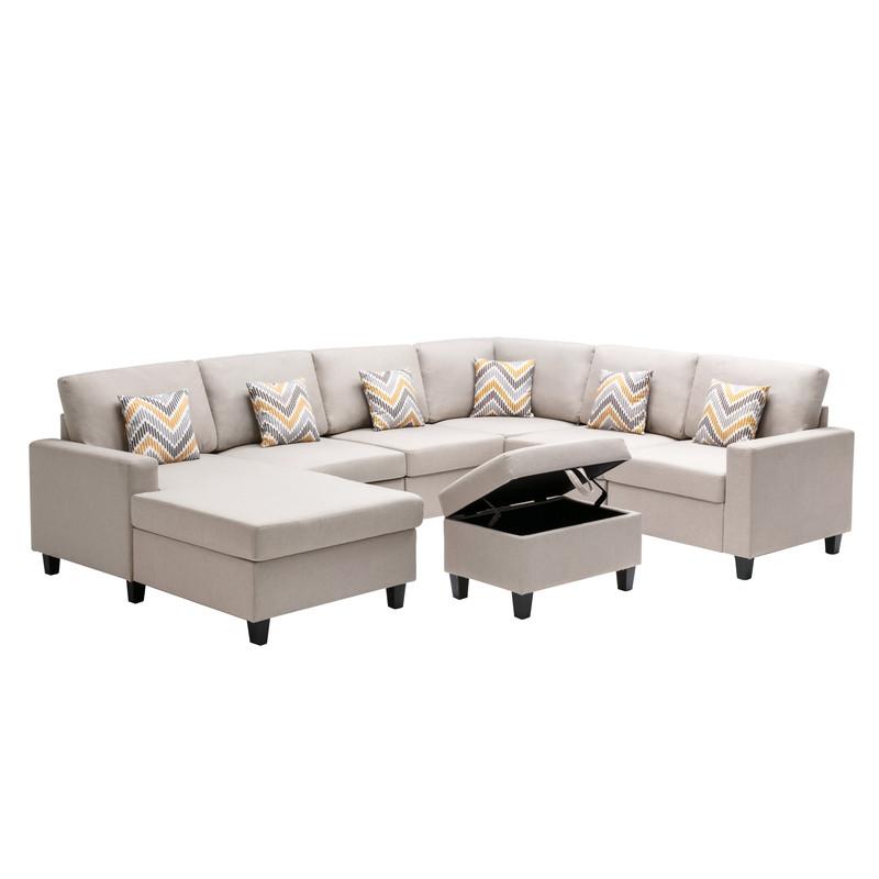 Nolan Beige Linen Fabric 7Pc Reversible Chaise Sectional Sofa with Interchangeable Legs, Pillows and Storage Ottoman. Picture 5