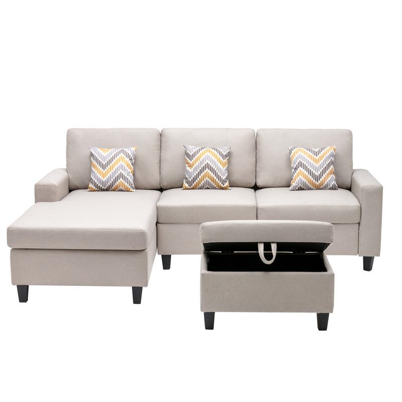 Nolan Beige Linen Fabric 4 Pc Reversible Sofa Chaise with Interchangeable Legs, Storage Ottoman, and Pillows. Picture 6