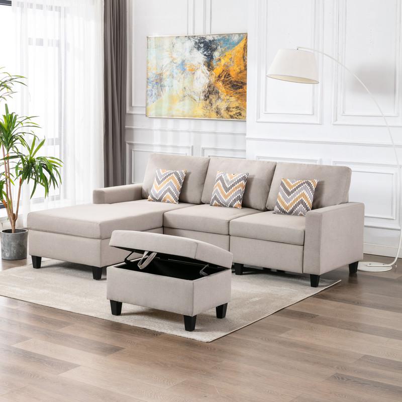 Nolan Beige Linen Fabric 4 Pc Reversible Sofa Chaise with Interchangeable Legs, Storage Ottoman, and Pillows. Picture 3