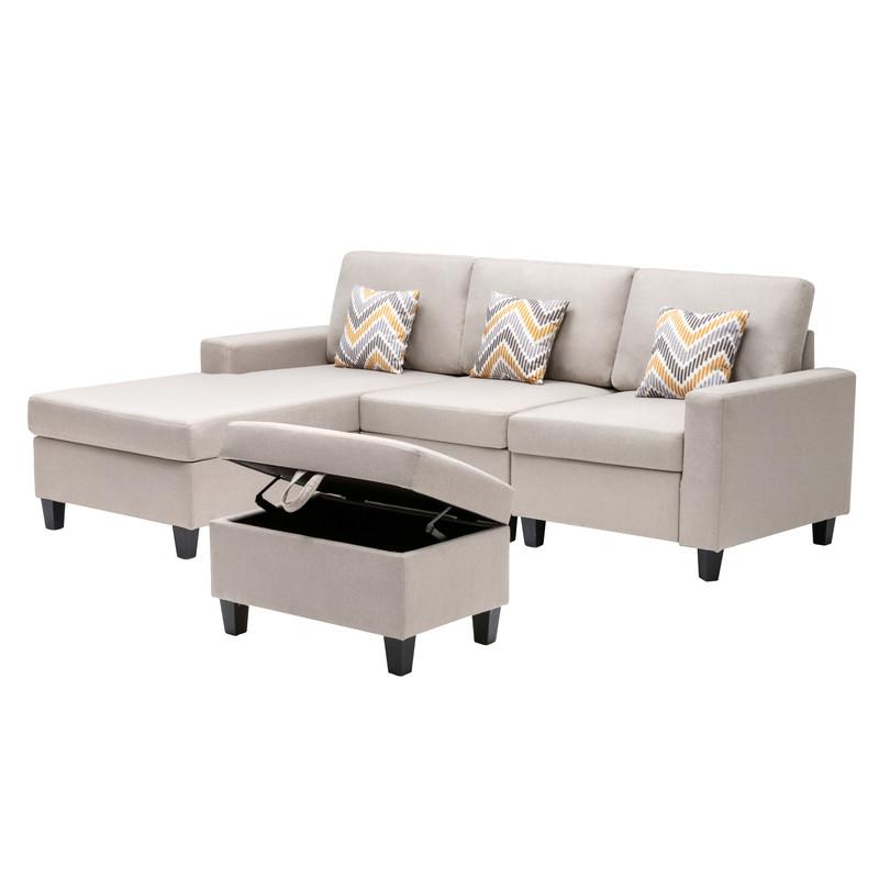Nolan Beige Linen Fabric 4 Pc Reversible Sofa Chaise with Interchangeable Legs, Storage Ottoman, and Pillows. Picture 5