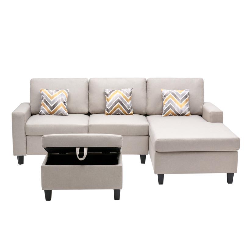 Nolan Beige Linen Fabric 4Pc Reversible Sofa Chaise with Interchangeable Legs, Storage Ottoman, and Pillows. Picture 6