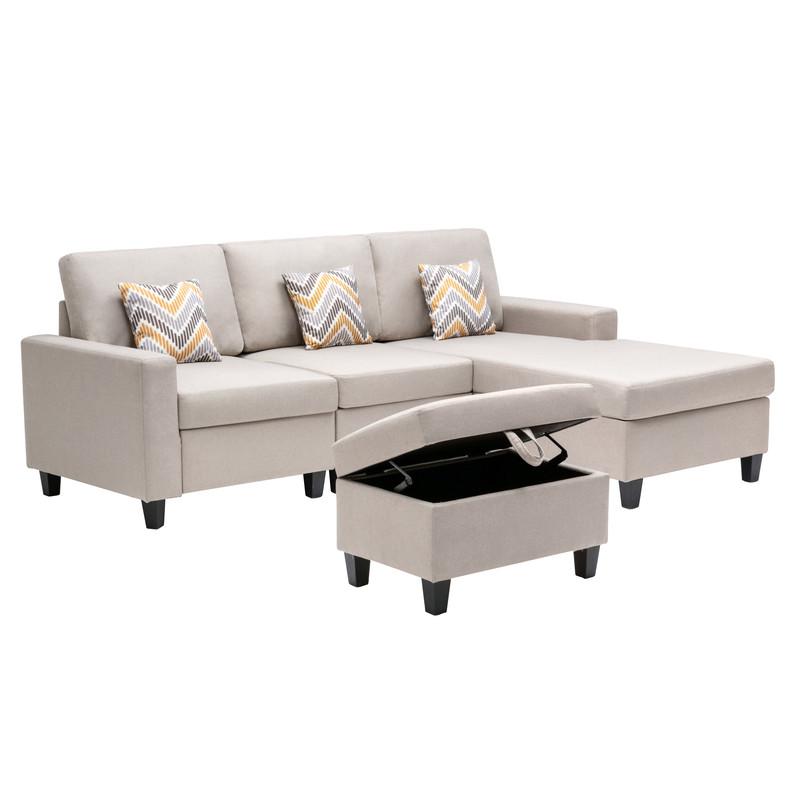 Nolan Beige Linen Fabric 4Pc Reversible Sofa Chaise with Interchangeable Legs, Storage Ottoman, and Pillows. Picture 5