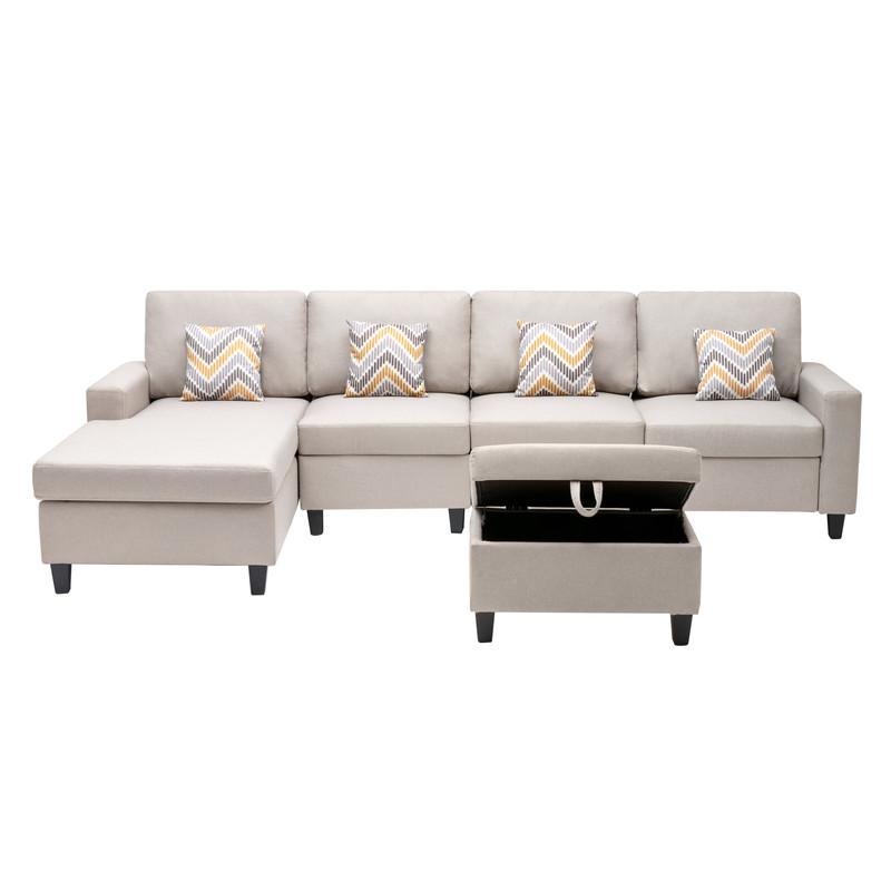 Nolan Beige Linen Fabric 5 Pc Reversible Sofa Chaise with Interchangeable Legs, Storage Ottoman, and Pillows. Picture 6