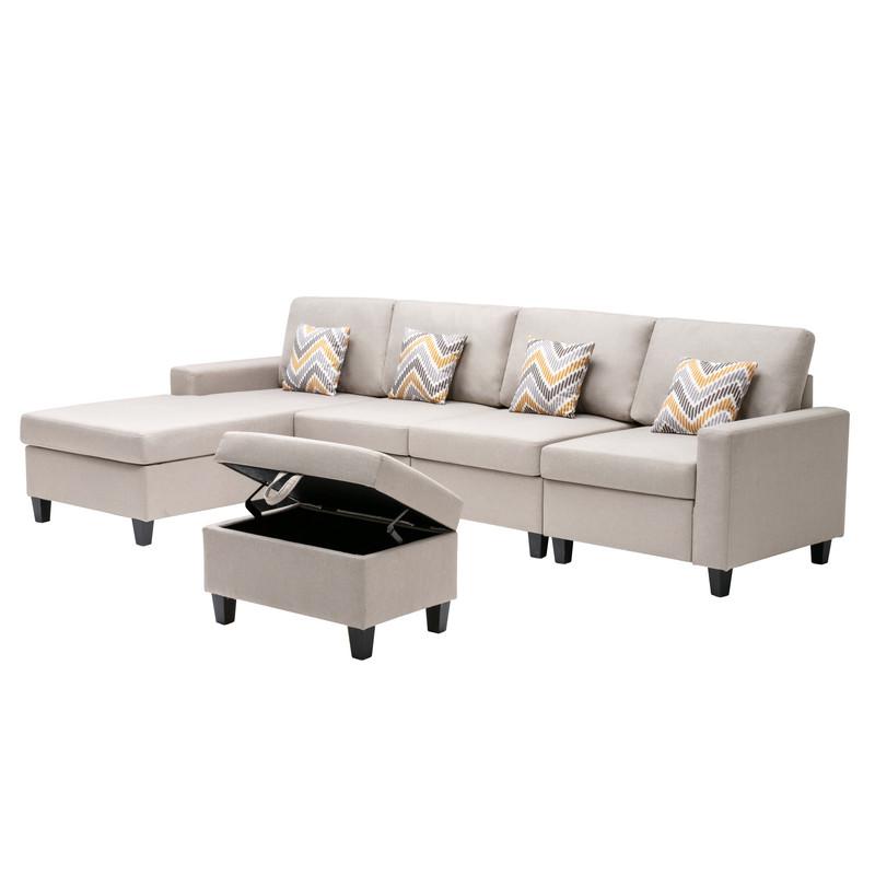 Nolan Beige Linen Fabric 5 Pc Reversible Sofa Chaise with Interchangeable Legs, Storage Ottoman, and Pillows. Picture 5