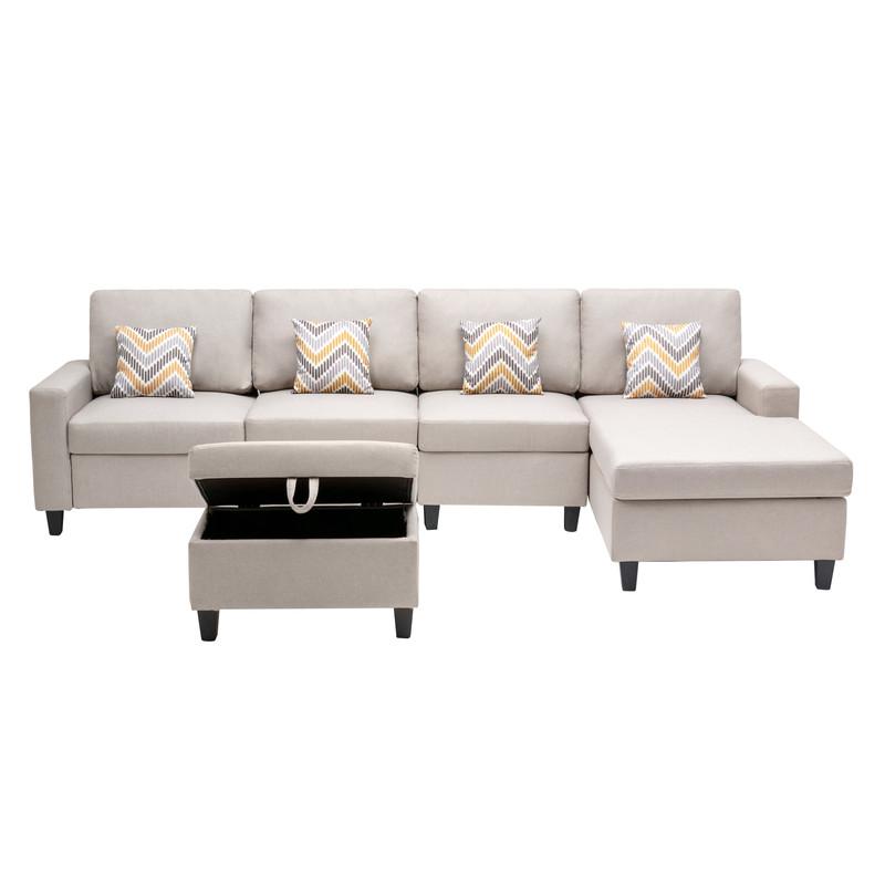 Nolan Beige Linen Fabric 5Pc Reversible Sofa Chaise with Interchangeable Legs, Storage Ottoman, and Pillows. Picture 6