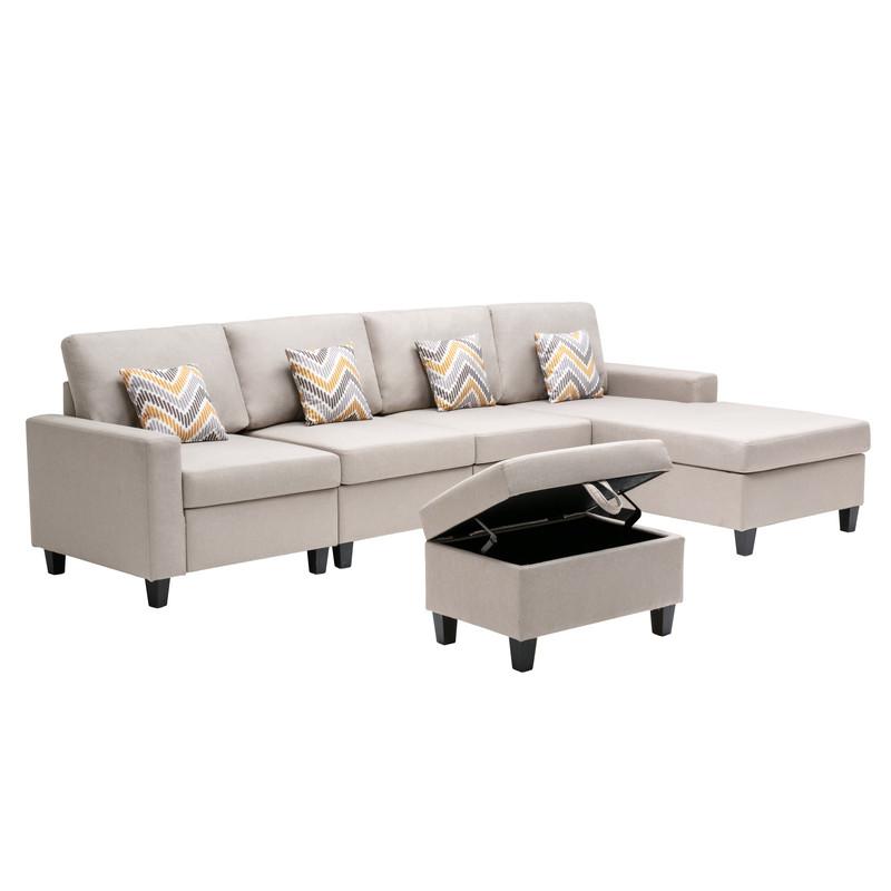 Nolan Beige Linen Fabric 5Pc Reversible Sofa Chaise with Interchangeable Legs, Storage Ottoman, and Pillows. Picture 5