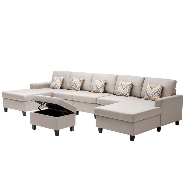 Nolan Beige Linen Fabric 6Pc Double Chaise Sectional Sofa with Interchangeable Legs, Storage Ottoman, and Pillows. Picture 5