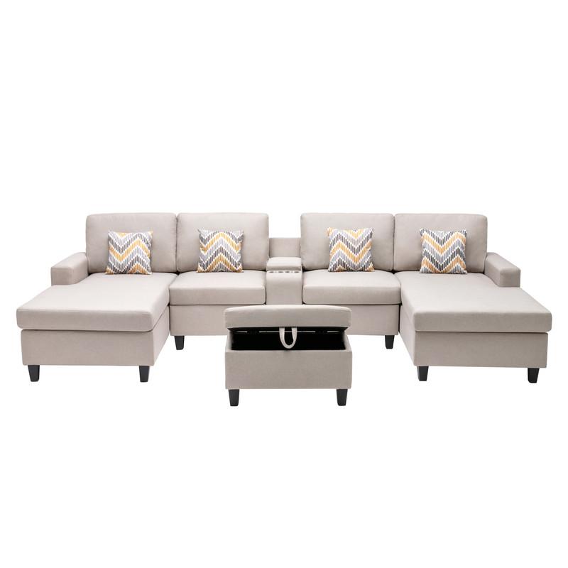 Nolan Beige Linen Fabric 6Pc Double Chaise Sectional Sofa with Interchangeable Legs, Storage Ottoman, Pillows, and a USB, Charging Ports, Cupholders, Storage Console Table. Picture 6