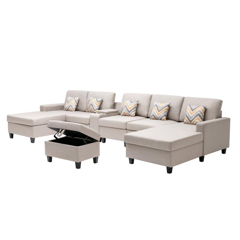 Nolan Beige Linen Fabric 7Pc Double Chaise Sectional Sofa with Interchangeable Legs, Storage Ottoman, Pillows, and a USB, Charging Ports, Cupholders, Storage Console Table. Picture 5