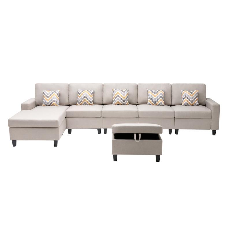 Nolan Beige Linen Fabric 6Pc Reversible Sectional Sofa Chaise with Interchangeable Legs, Pillows and Storage Ottoman. Picture 6