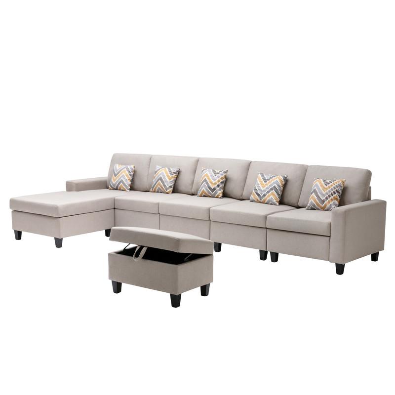 Nolan Beige Linen Fabric 6Pc Reversible Sectional Sofa Chaise with Interchangeable Legs, Pillows and Storage Ottoman. Picture 5