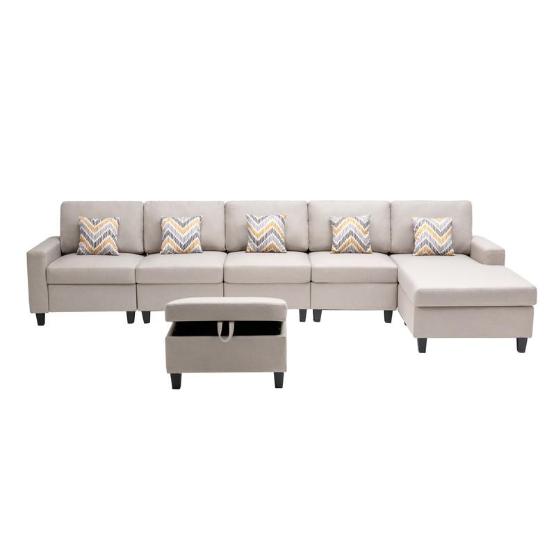 Nolan Beige Linen Fabric 6 Pc Reversible Sectional Sofa Chaise with Interchangeable Legs, Pillows and Storage Ottoman. Picture 6
