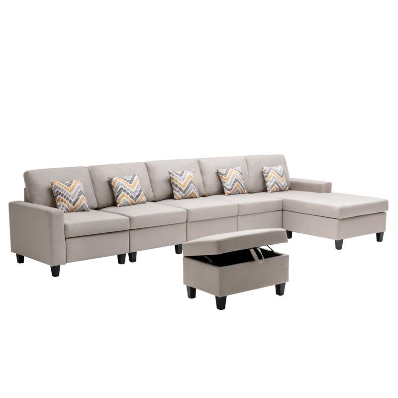Nolan Beige Linen Fabric 6 Pc Reversible Sectional Sofa Chaise with Interchangeable Legs, Pillows and Storage Ottoman. Picture 5