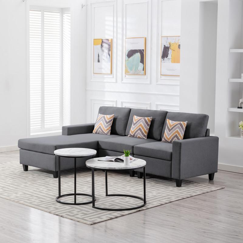 Nolan Gray Linen Fabric 3Pc Reversible Sectional Sofa Chaise with Pillows and Interchangeable Legs. Picture 4