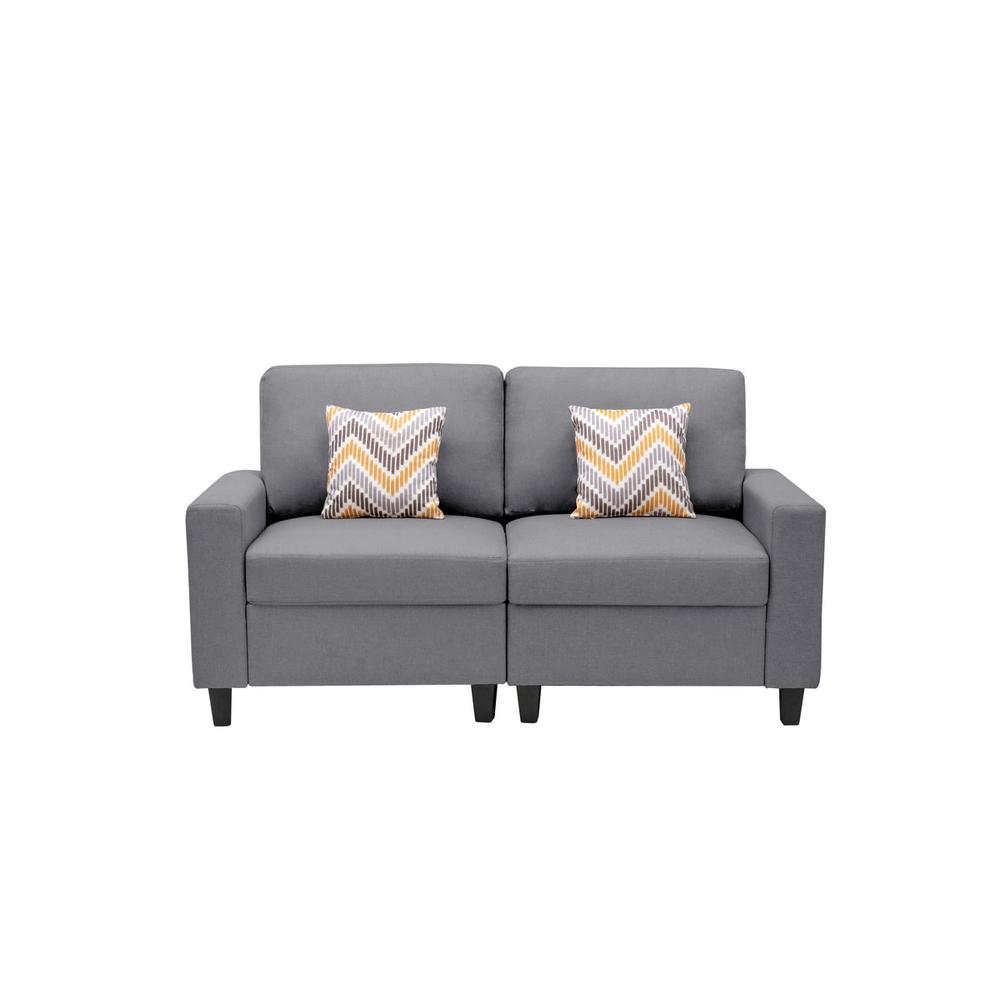 Nolan Gray Linen Fabric Loveseat with Pillows and Interchangeable Legs. Picture 6