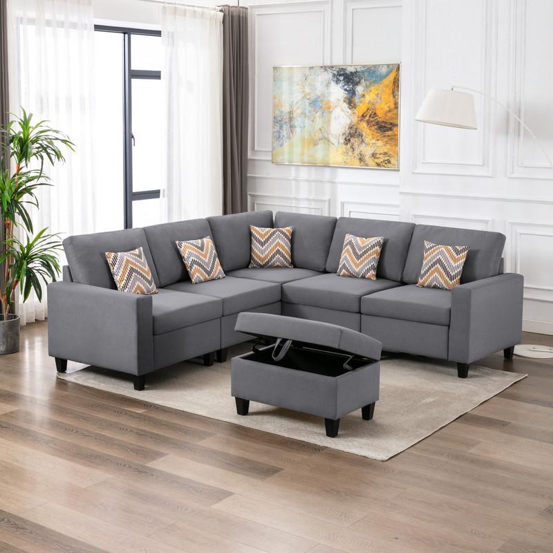Nolan Gray Linen Fabric 6Pc Reversible Sectional Sofa with Pillows, Storage Ottoman, and Interchangeable Legs. Picture 4