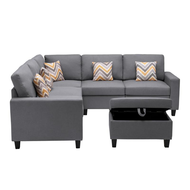 Nolan Gray Linen Fabric 6Pc Reversible Sectional Sofa with Pillows, Storage Ottoman, and Interchangeable Legs. Picture 6