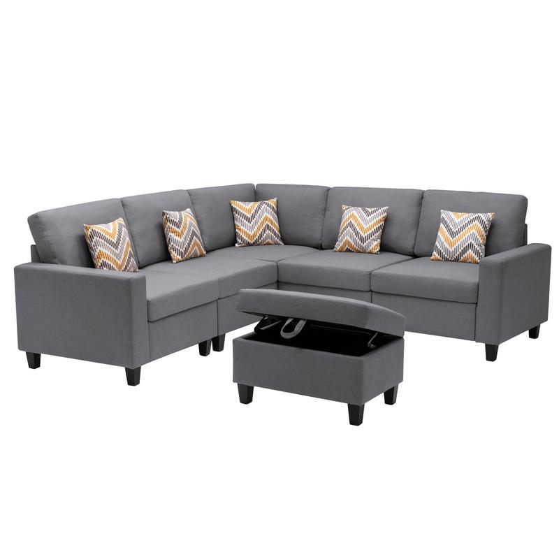 Nolan Gray Linen Fabric 6Pc Reversible Sectional Sofa with Pillows, Storage Ottoman, and Interchangeable Legs. Picture 5
