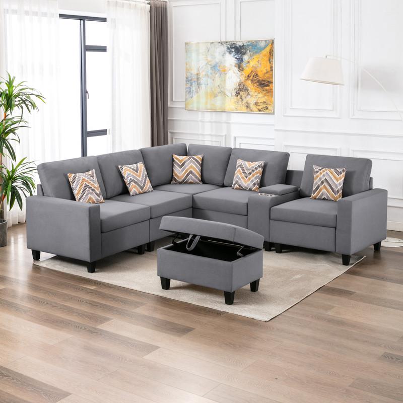 Nolan Gray Linen Fabric 7Pc Reversible Sectional Sofa with Interchangeable Legs, Pillows, Storage Ottoman, and a USB, Charging Ports, Cupholders, Storage Console Table. Picture 3