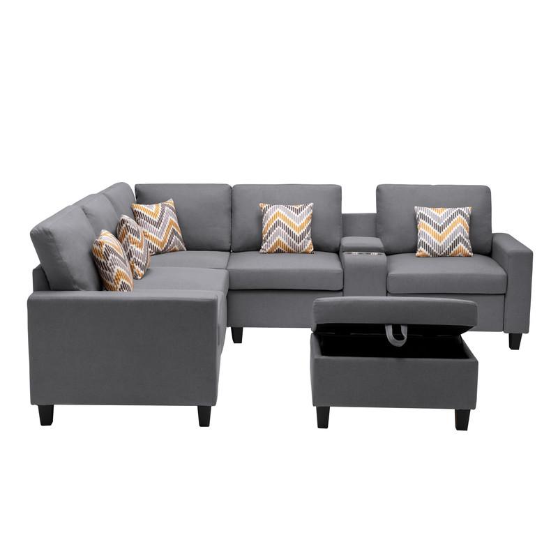 Nolan Gray Linen Fabric 7Pc Reversible Sectional Sofa with Interchangeable Legs, Pillows, Storage Ottoman, and a USB, Charging Ports, Cupholders, Storage Console Table. Picture 6
