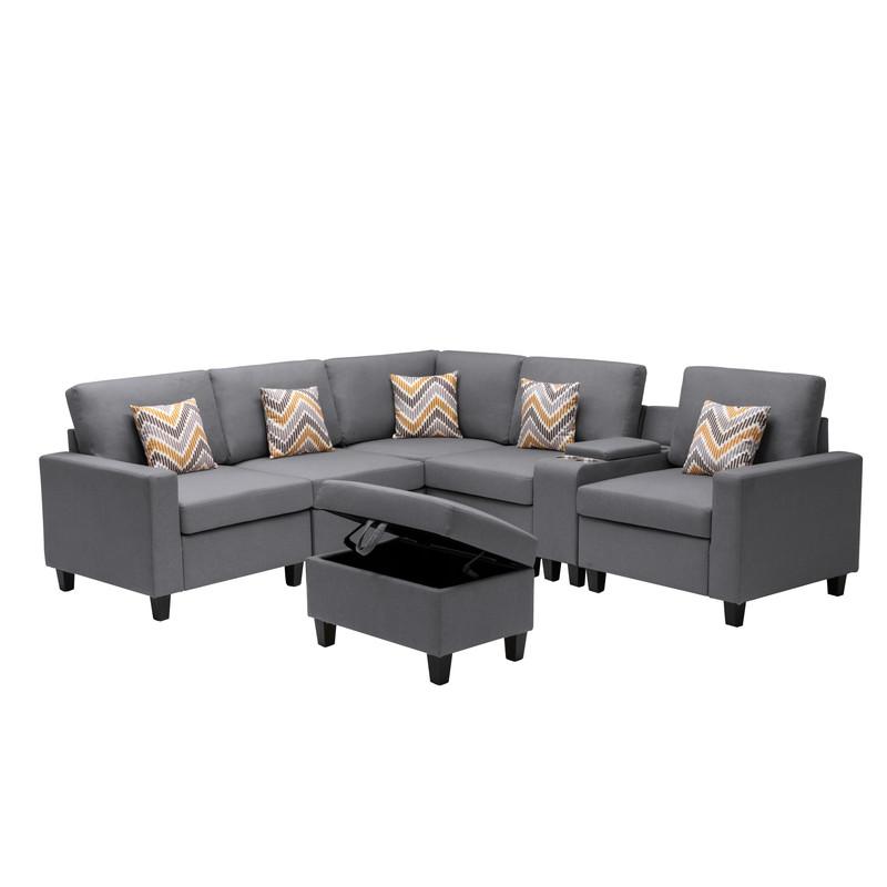 Nolan Gray Linen Fabric 7Pc Reversible Sectional Sofa with Interchangeable Legs, Pillows, Storage Ottoman, and a USB, Charging Ports, Cupholders, Storage Console Table. Picture 5