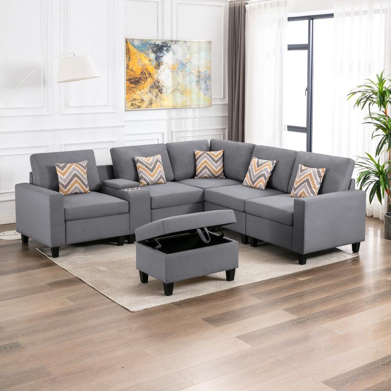 Nolan Gray Linen Fabric 7-Pc Reversible Sectional Sofa with Interchangeable Legs, Pillows, Storage Ottoman, and a USB, Charging Ports, Cupholders, Storage Console Table. Picture 4
