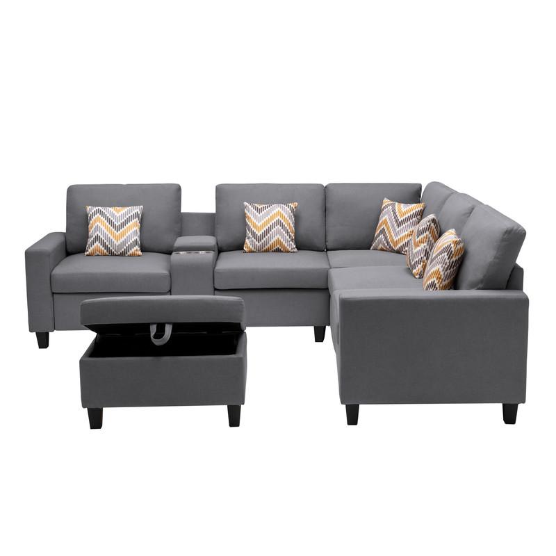 Nolan Gray Linen Fabric 7-Pc Reversible Sectional Sofa with Interchangeable Legs, Pillows, Storage Ottoman, and a USB, Charging Ports, Cupholders, Storage Console Table. Picture 6