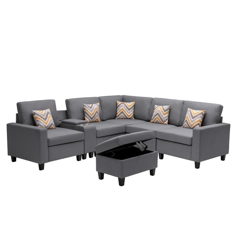 Nolan Gray Linen Fabric 7-Pc Reversible Sectional Sofa with Interchangeable Legs, Pillows, Storage Ottoman, and a USB, Charging Ports, Cupholders, Storage Console Table. Picture 5