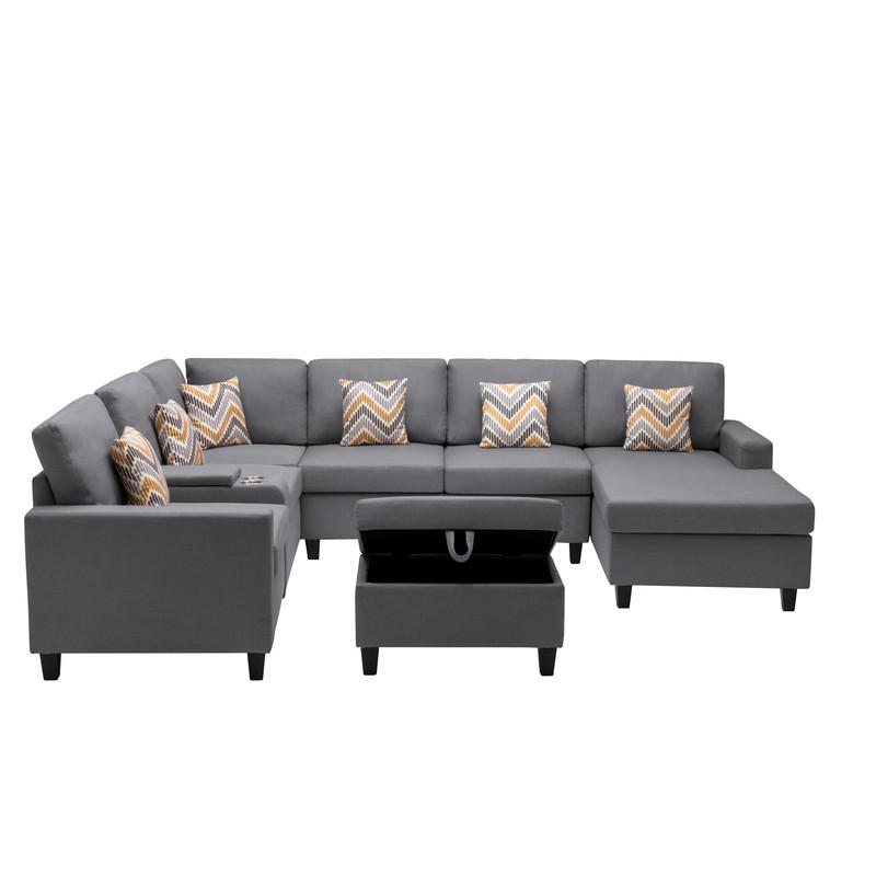 Nolan Gray Linen Fabric 8Pc Reversible Chaise Sectional Sofa with Interchangeable Legs, Pillows, Storage Ottoman, and a USB, Charging Ports, Cupholders, Storage Console Table. Picture 6