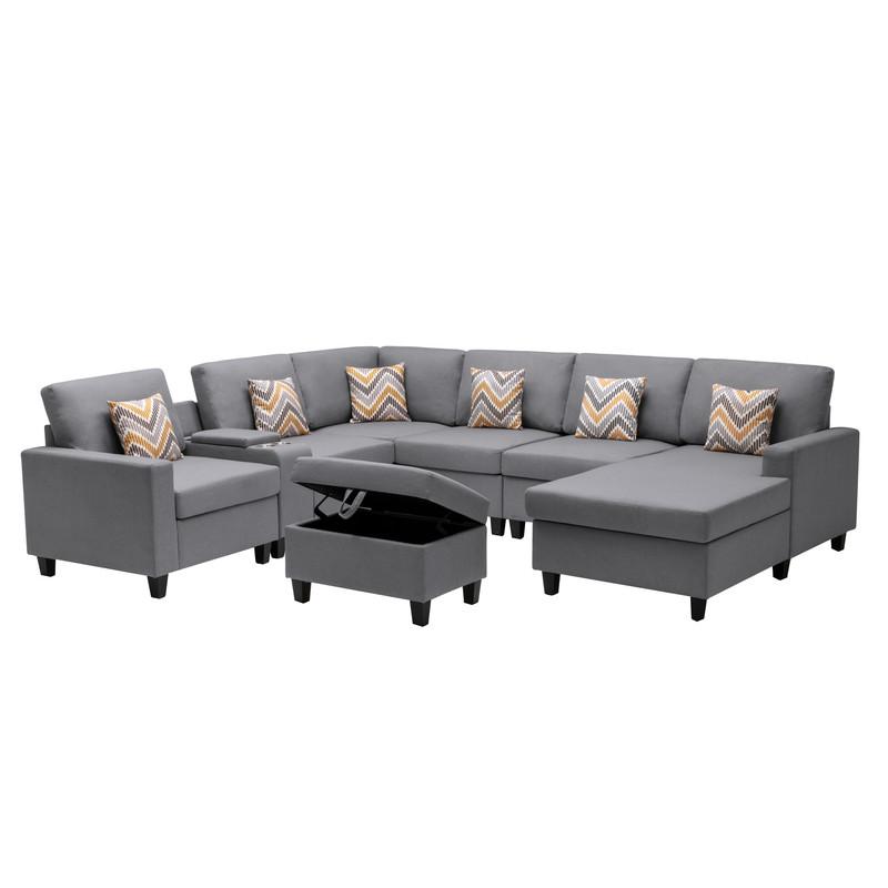 Nolan Gray Linen Fabric 8Pc Reversible Chaise Sectional Sofa with Interchangeable Legs, Pillows, Storage Ottoman, and a USB, Charging Ports, Cupholders, Storage Console Table. Picture 5