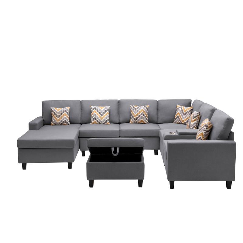 Nolan Gray Linen Fabric 8-Pc Reversible Chaise Sectional Sofa with Interchangeable Legs, Pillows, Storage Ottoman, and a USB, Charging Ports, Cupholders, Storage Console Table. Picture 6