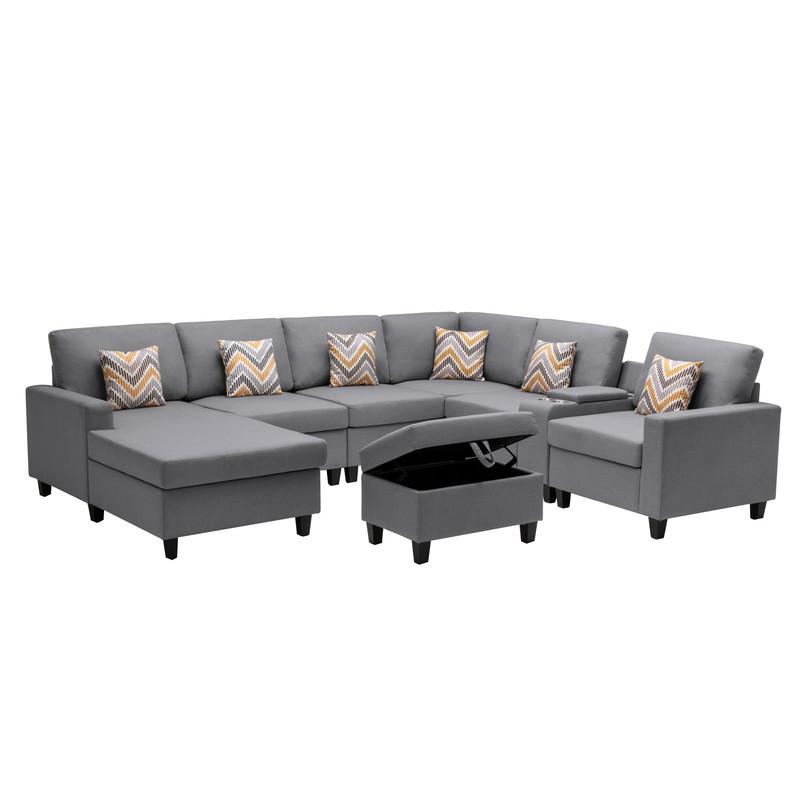 Nolan Gray Linen Fabric 8-Pc Reversible Chaise Sectional Sofa with Interchangeable Legs, Pillows, Storage Ottoman, and a USB, Charging Ports, Cupholders, Storage Console Table. Picture 5