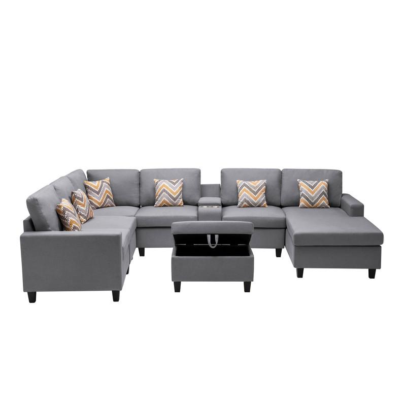 Nolan Gray Linen Fabric 8Pc Reversible Chaise Sectional Sofa with Interchangeable Legs, Pillows, Storage Ottoman, and a USB, Charging Ports, Cupholders and Storage Console Table. Picture 6