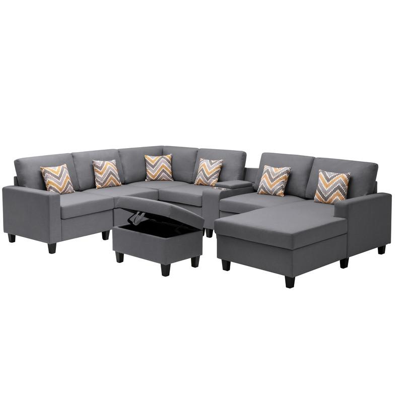 Nolan Gray Linen Fabric 8Pc Reversible Chaise Sectional Sofa with Interchangeable Legs, Pillows, Storage Ottoman, and a USB, Charging Ports, Cupholders and Storage Console Table. Picture 5