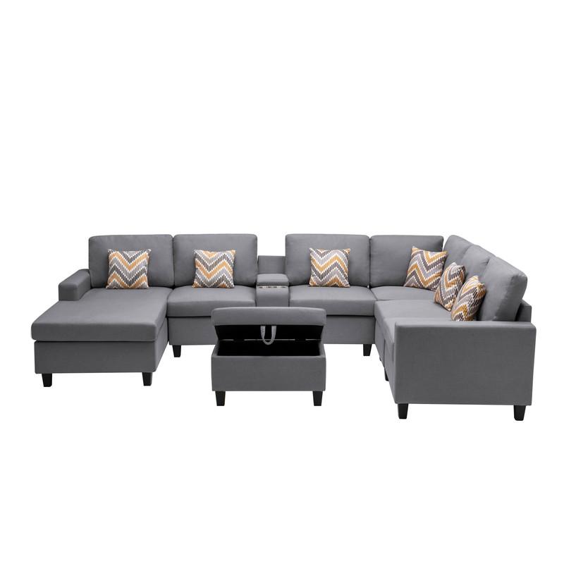 Nolan Gray Linen Fabric 8 Pc Reversible Chaise Sectional Sofa with Interchangeable Legs, Pillows, Storage Ottoman, and a USB, Charging Ports, Cupholders, Storage Console Table. Picture 6