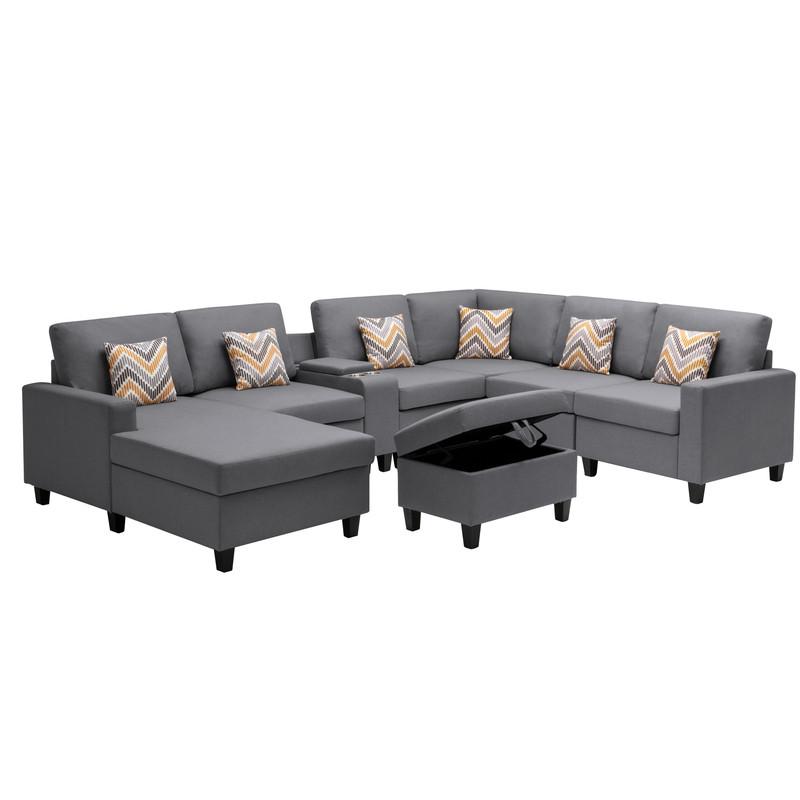 Nolan Gray Linen Fabric 8 Pc Reversible Chaise Sectional Sofa with Interchangeable Legs, Pillows, Storage Ottoman, and a USB, Charging Ports, Cupholders, Storage Console Table. Picture 5