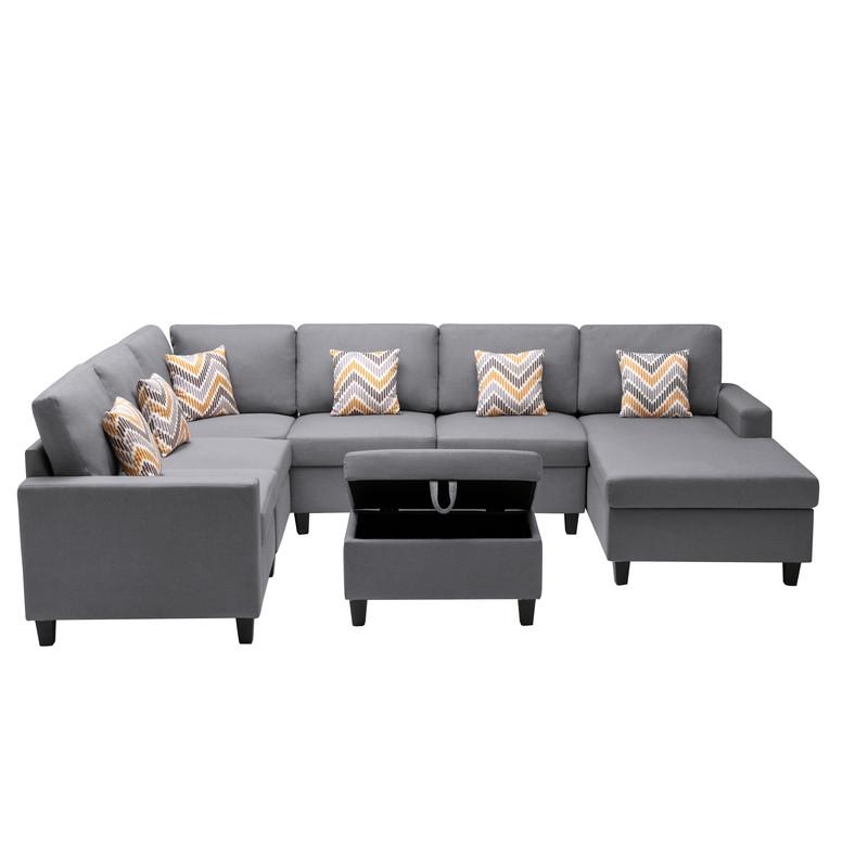 Nolan Gray Linen Fabric 7Pc Reversible Chaise Sectional Sofa with Interchangeable Legs, Pillows and Storage Ottoman. Picture 6