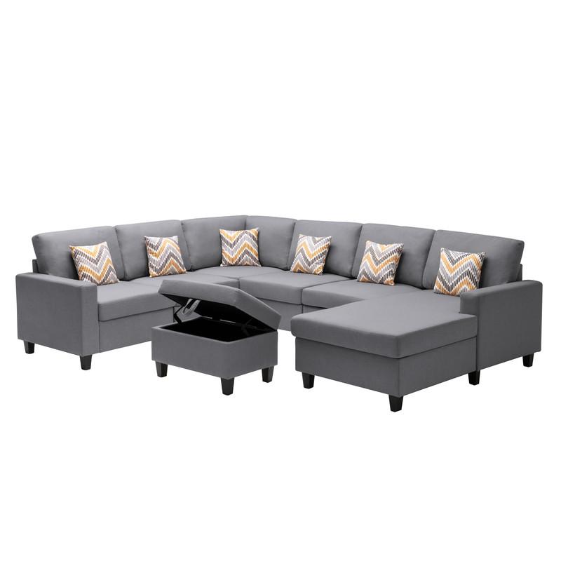 Nolan Gray Linen Fabric 7Pc Reversible Chaise Sectional Sofa with Interchangeable Legs, Pillows and Storage Ottoman. Picture 5