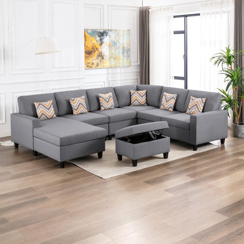Nolan Gray Linen Fabric 7 Pc Reversible Chaise Sectional Sofa with Interchangeable Legs, Pillows and Storage Ottoman. Picture 3