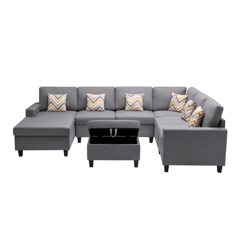 Nolan Gray Linen Fabric 7 Pc Reversible Chaise Sectional Sofa with Interchangeable Legs, Pillows and Storage Ottoman. Picture 6