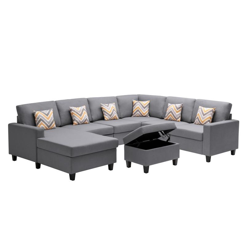 Nolan Gray Linen Fabric 7 Pc Reversible Chaise Sectional Sofa with Interchangeable Legs, Pillows and Storage Ottoman. Picture 5