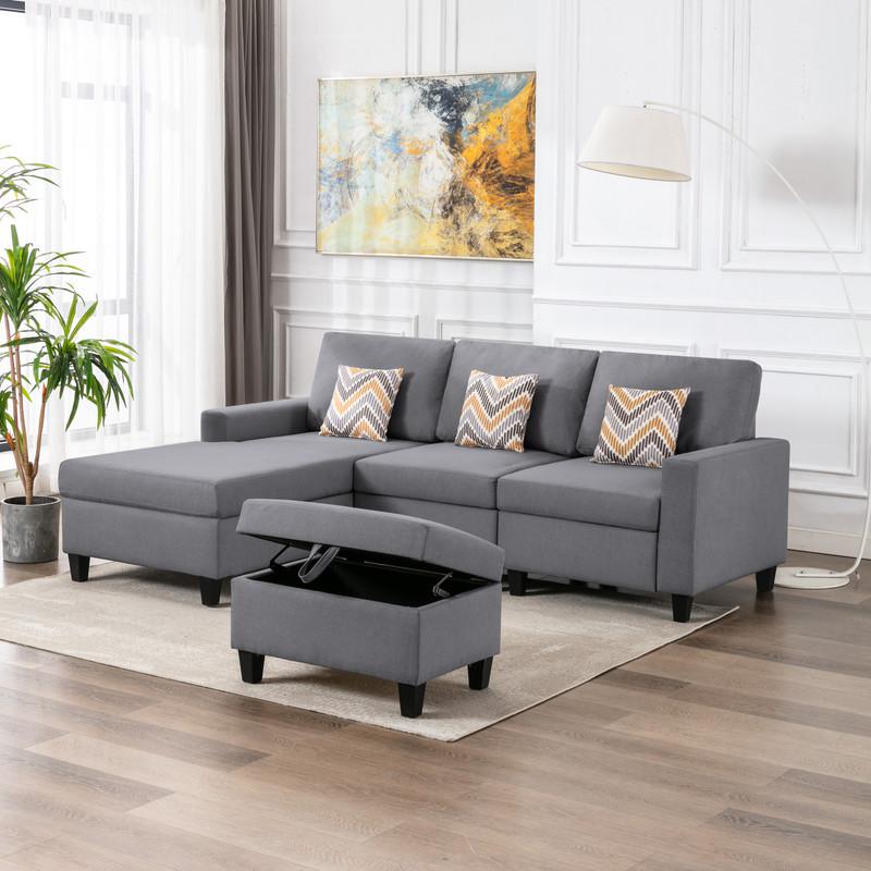 Nolan Gray Linen Fabric 4Pc Reversible Sofa Chaise with Interchangeable Legs, Storage Ottoman, and Pillows. Picture 4