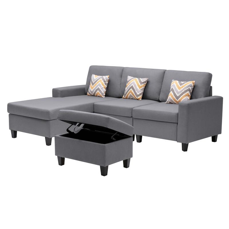 Nolan Gray Linen Fabric 4Pc Reversible Sofa Chaise with Interchangeable Legs, Storage Ottoman, and Pillows. Picture 5